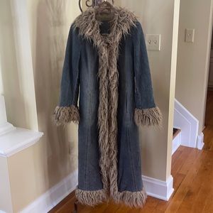 Vintage Denim Rocker Maxi Boho long denim coat with faux fur
